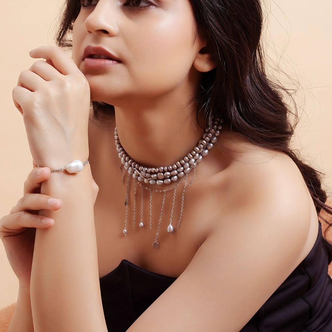 Beautiful Grey Pearl Silver Chain Necklace - CherishBox