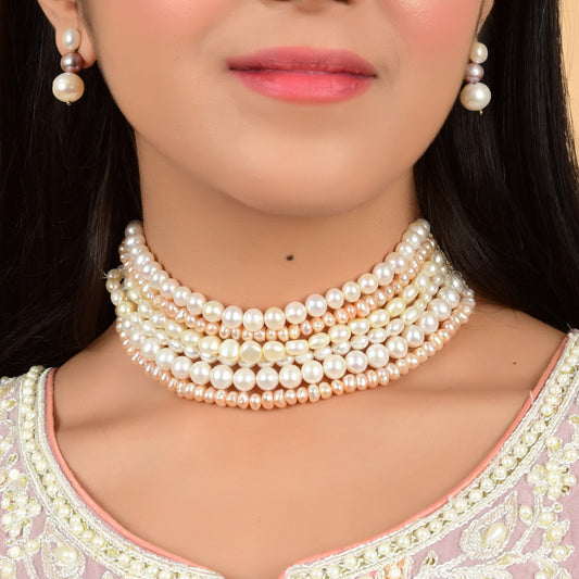 6 Strand Pearl Choker Necklace and Earring Set - CherishBox