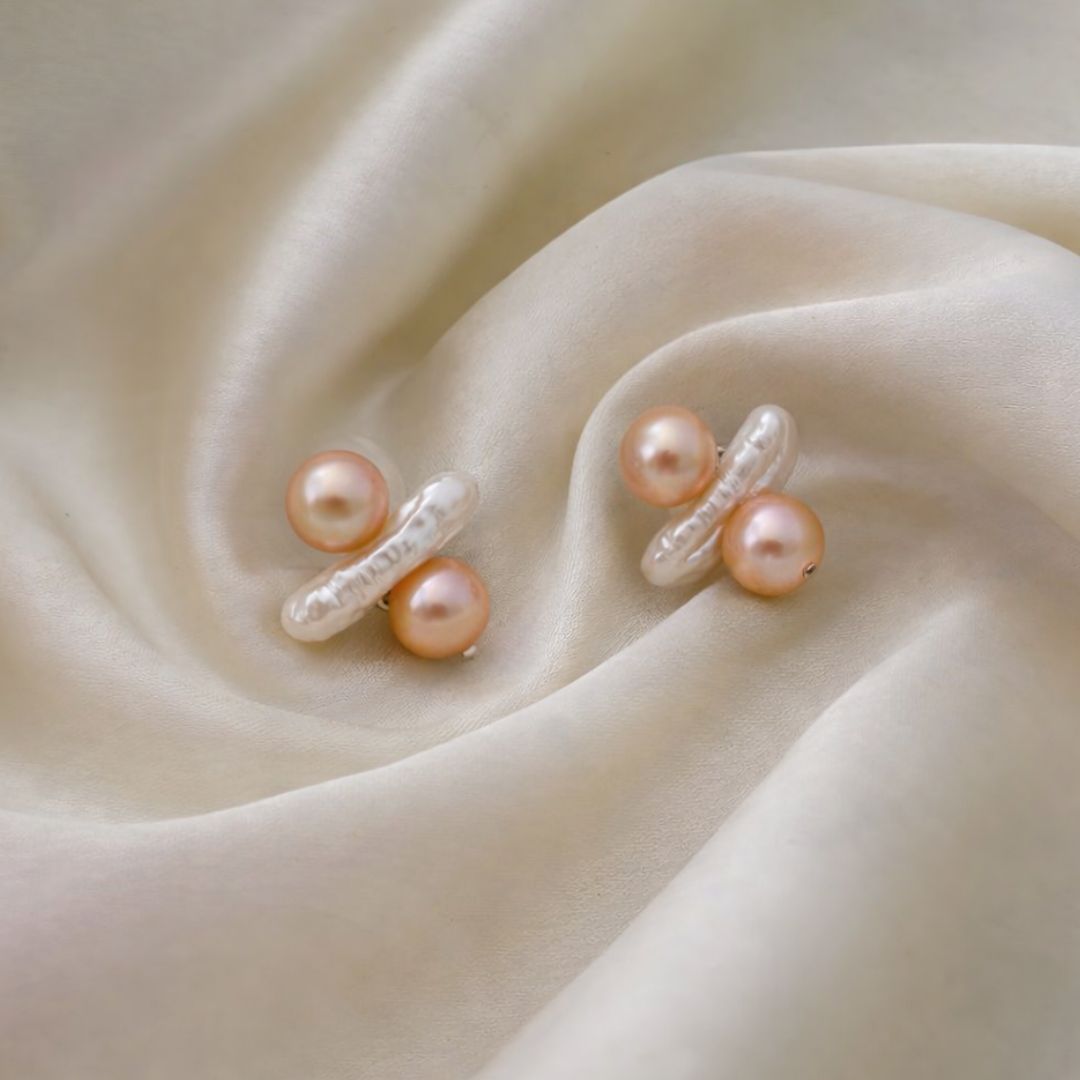 Millennial Peach Duo Pearl Stud Earrings - CherishBox