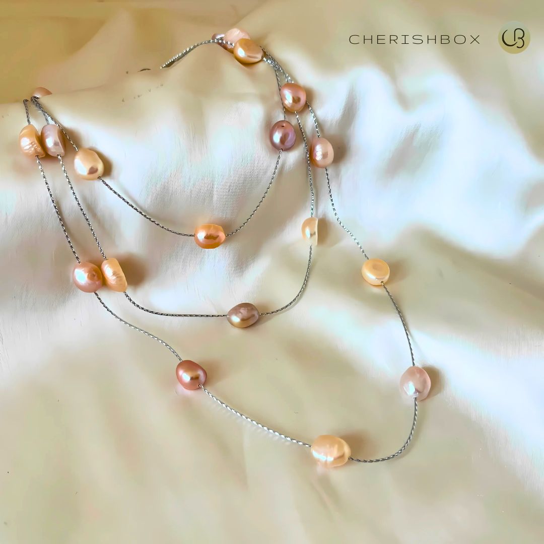 Peach Long Layered Lightweight Real Pearl Necklace CherishBox.