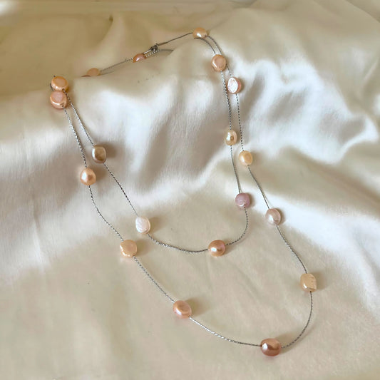 Peach Single Long Layered Lightweight Real Pearl Necklace CherishBox.
