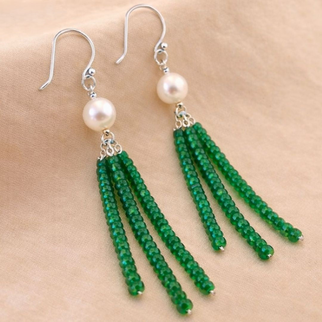 Saanjh Emerald Pearl Tassel Earrings - CherishBox