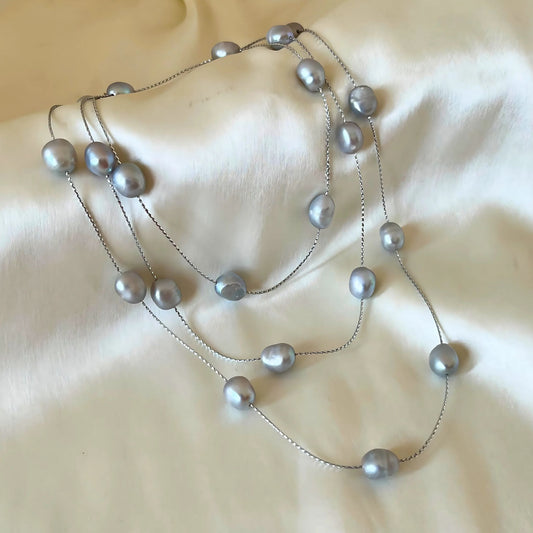 Grey Long Layered Lightweight Real Pearl Necklace by CherishBox.