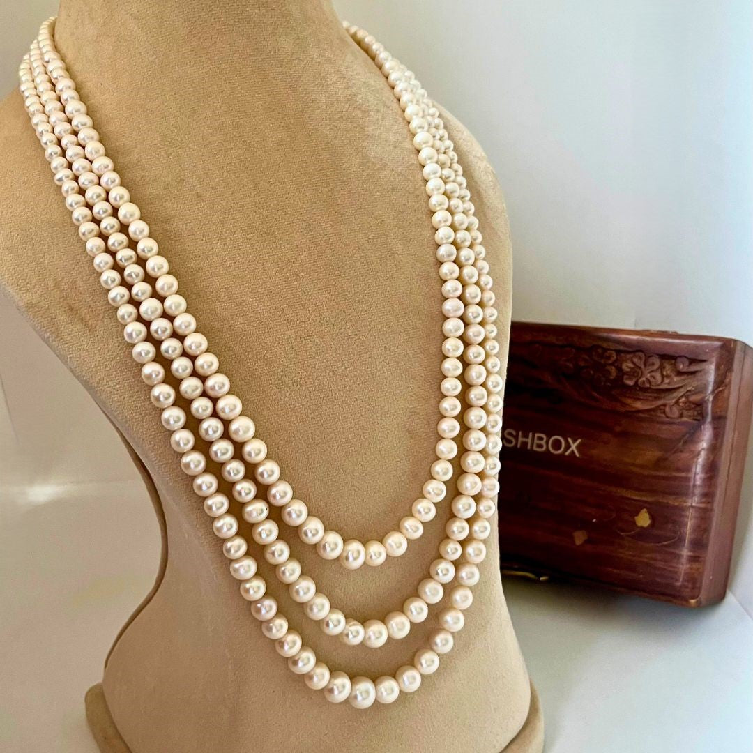 The Royal Layers – Three Long Layered White Pearl Necklace from CherishBox