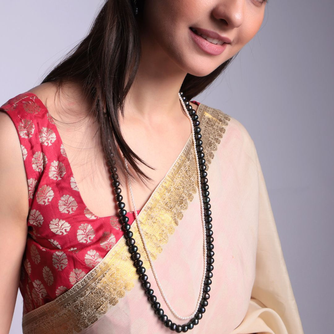 Two-Layer Black & White Freshwater Long Pearl Strand for Festive & Contemporary Wear CherishBox