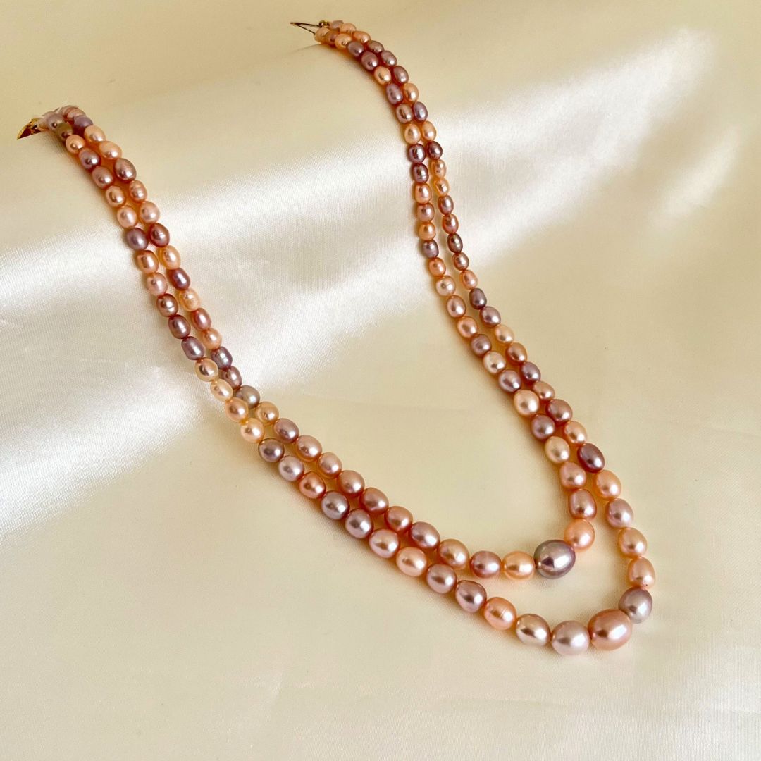 Graded Peach Two Layered Oval Pearl Necklace - CherishBox