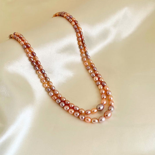 Graded Peach Two Layered Oval Pearl Necklace - CherishBox
