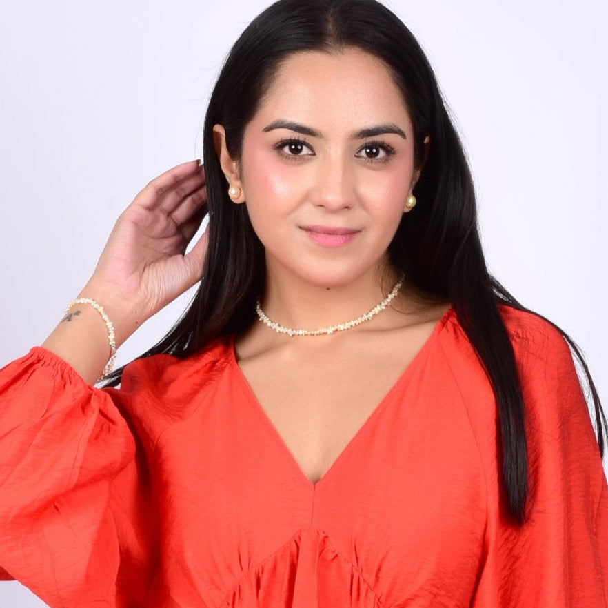 Tiny Small Vintage Gold Pearl Chain wit Bracelet and Earrings - CherishBox