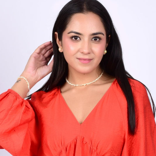 Tiny Small Vintage Gold Pearl Chain wit Bracelet and Earrings - CherishBox