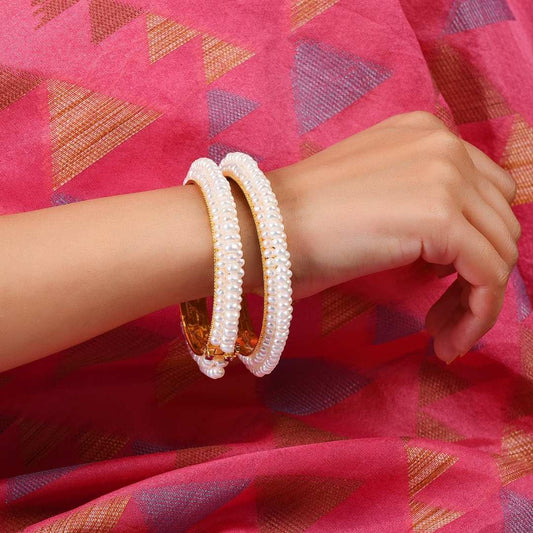 Beautiful Adjustable White Pearl Bangle in gold tone - CherishBox