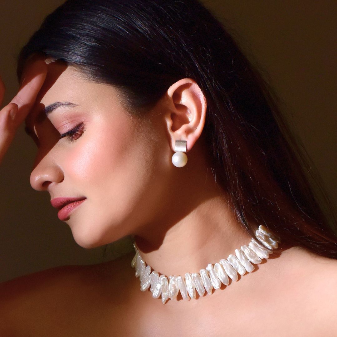 White Round South Sea pearl earrings in 925 sterling silver studs - CherishBox