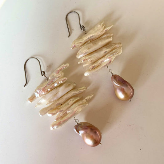 Biwa & Lavender Baroque Pearl Drop Earrings