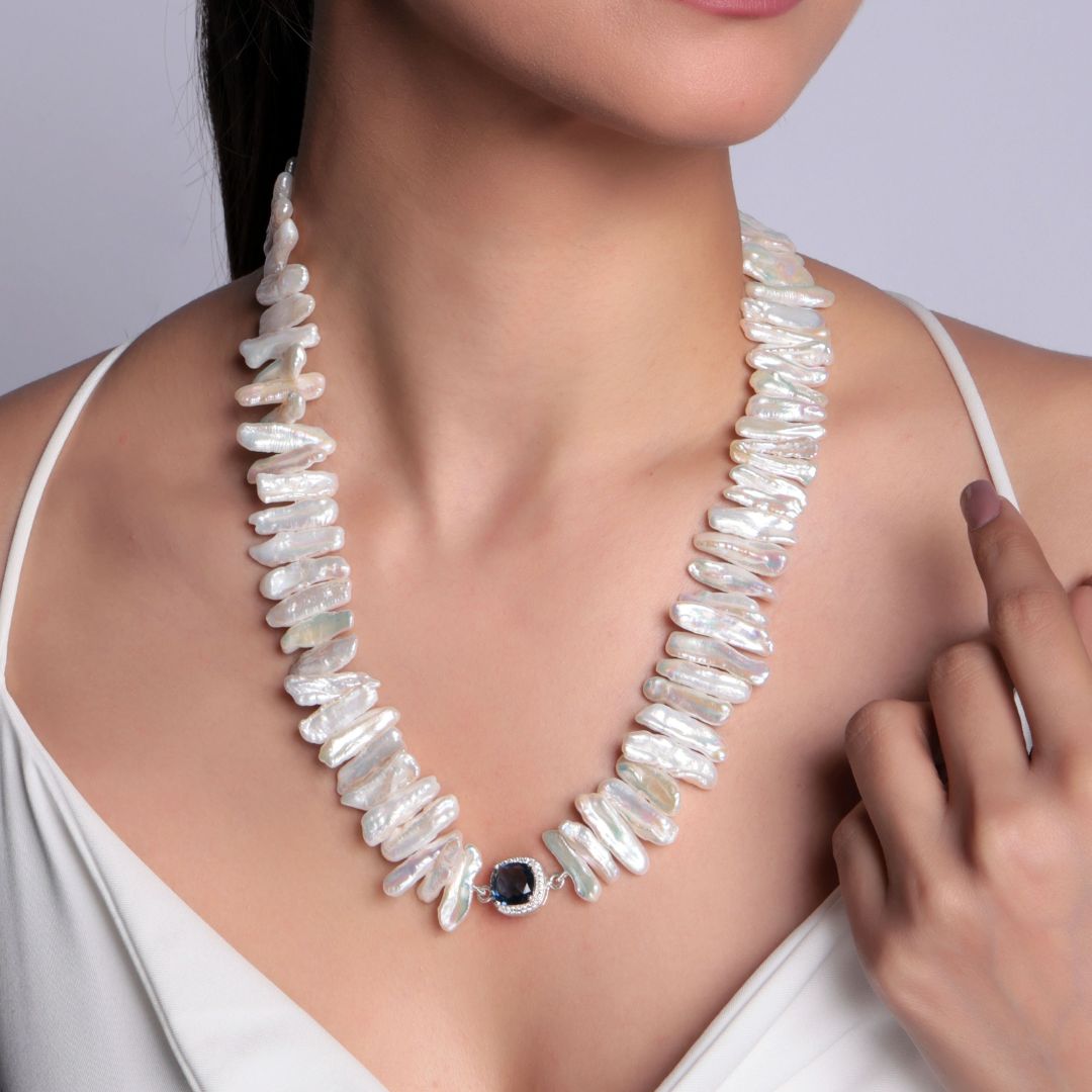 BIWA Pearl Necklace with Blue Stone | 92.5 Sterling Silver | CherishBox