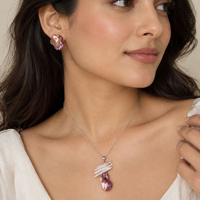 Biwa and Baroque pearl Pendant and earring Set - CherishBox