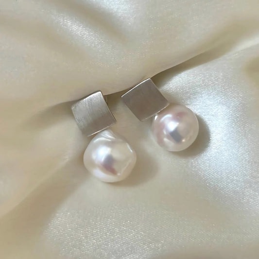 Square Brushed ( Snow White Freshwater Pearls in 925 Sterling Silver)