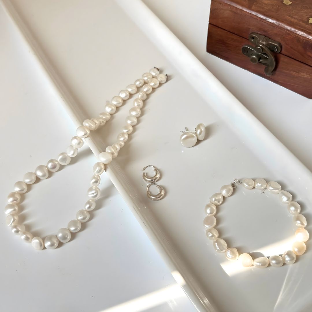 Classic White Freshwater Pearl Combo Set – Necklace, Bracelet & Hoop & Pearl Studs| CherishBox