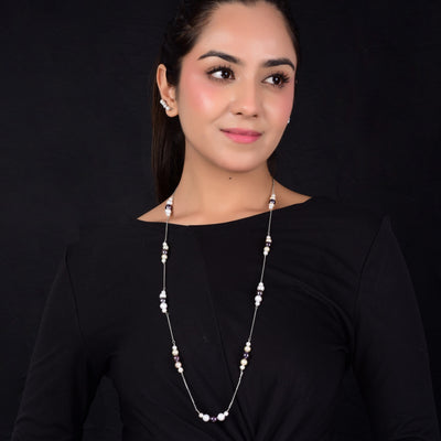 Long Layered Pearl Beaded Chain in Silver - CherishBox