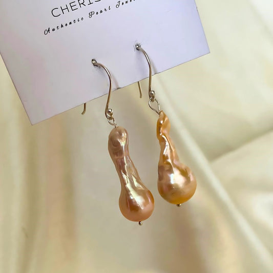 Elongated Peach Baroque Pearl Earrings in 925 Silver Hooks – CherishBox