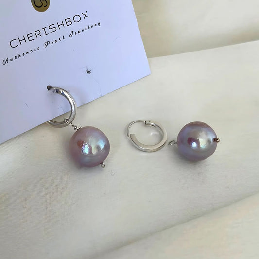 Gunmetal Grey Round Pearl Earrings on 925 Silver Hoops– CherishBox