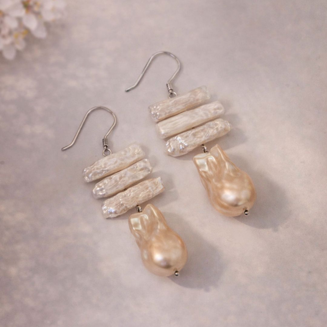 Ivory Biwa & Champagne Baroque Pearl Drop Earrings CherishBox