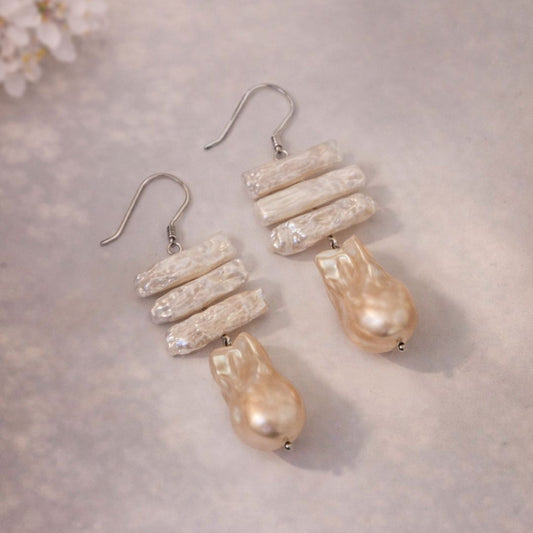 Ivory Biwa & Champagne Baroque Pearl Drop Earrings CherishBox