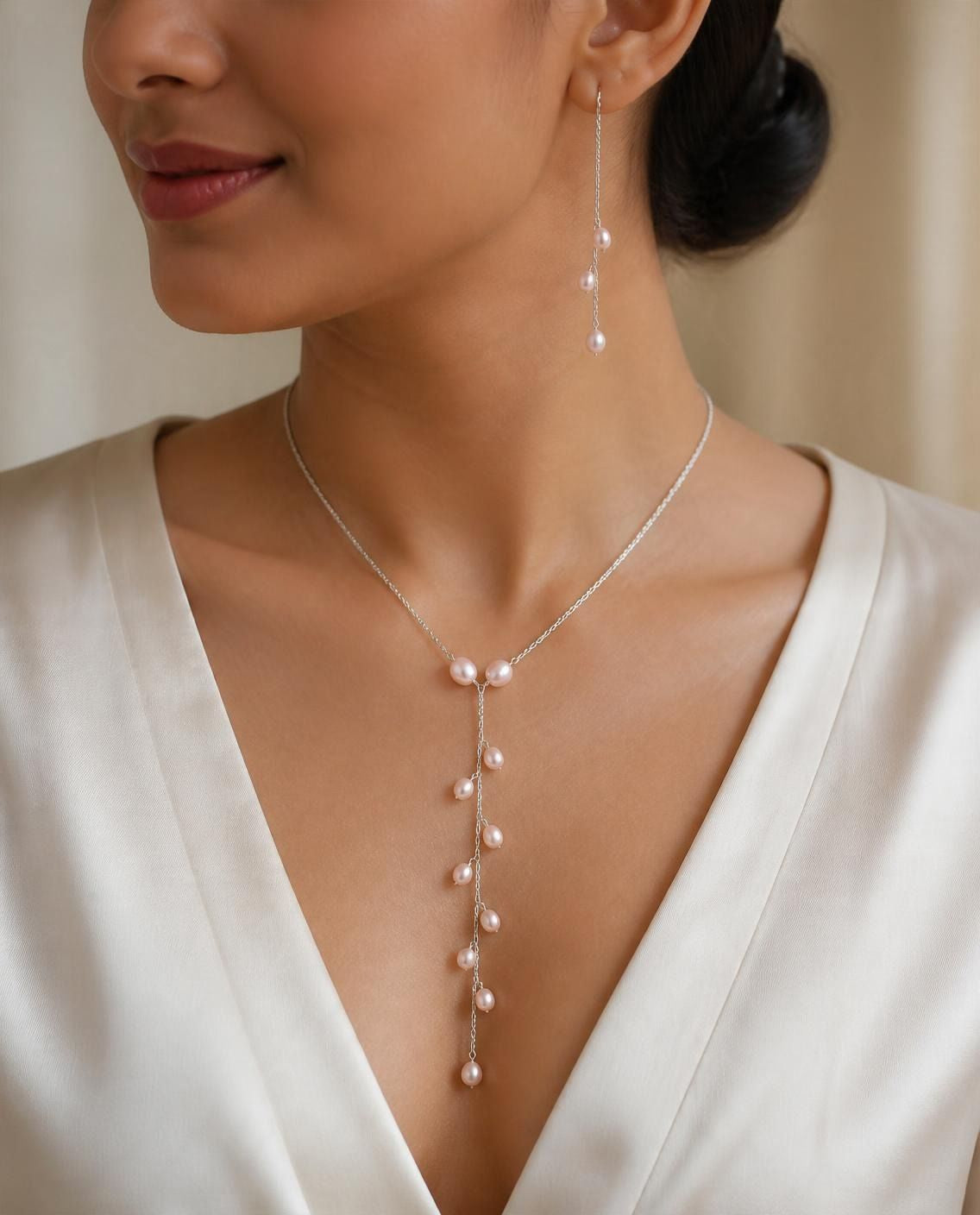 Lariat Y Pearl Necklace Set in Silver- CherishBox