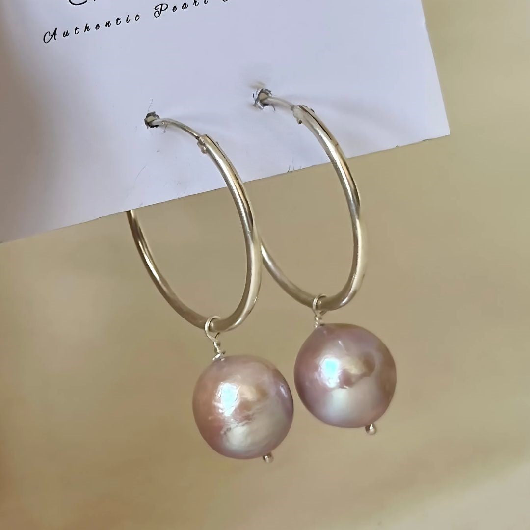Lavender-Pink Round Pearl Earrings on Bold 925 Silver Hoops – CherishBox