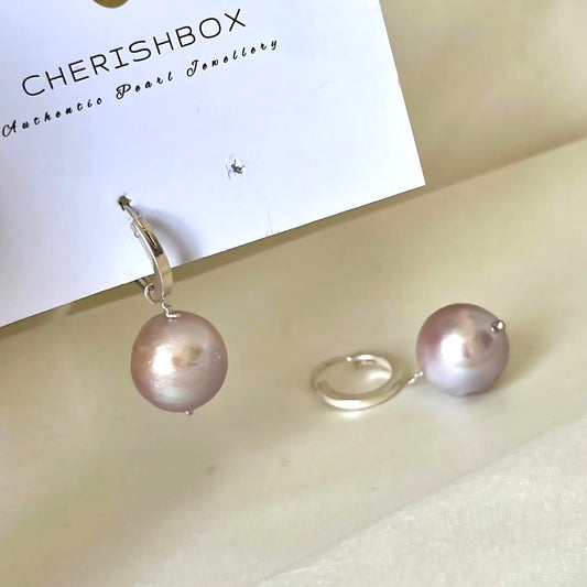 Light Lavender-Pink Round Pearl Hoop Earrings in 925 Silver – CherishBox