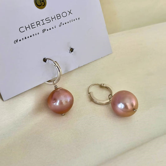 Margaric Pink Round Pearl Earrings on 925 Sterling Silver Hoops