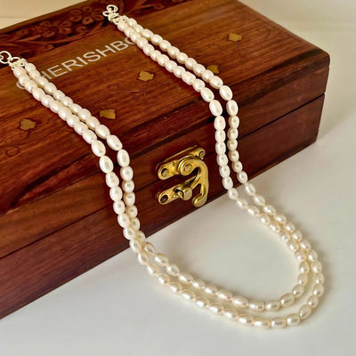 Milky White Two Layered Oval Pearl Necklace - CherishBox