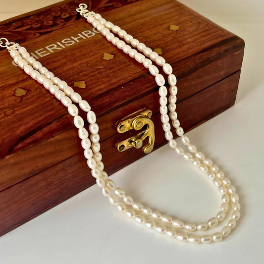 Milky White Two Layered Oval Pearl Necklace - CherishBox
