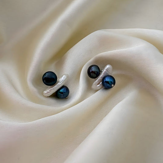 Peacock Blue Duo Pearl Stud Earrings