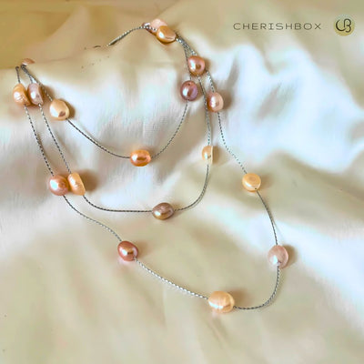 Peach Long Layered Lightweight Real Pearl Necklace CherishBox.