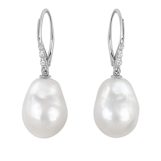 Pearl_Dewdrop_Earrings - 16mm Milky White Real Baroque Freshwater Pearls, - CherishBox 