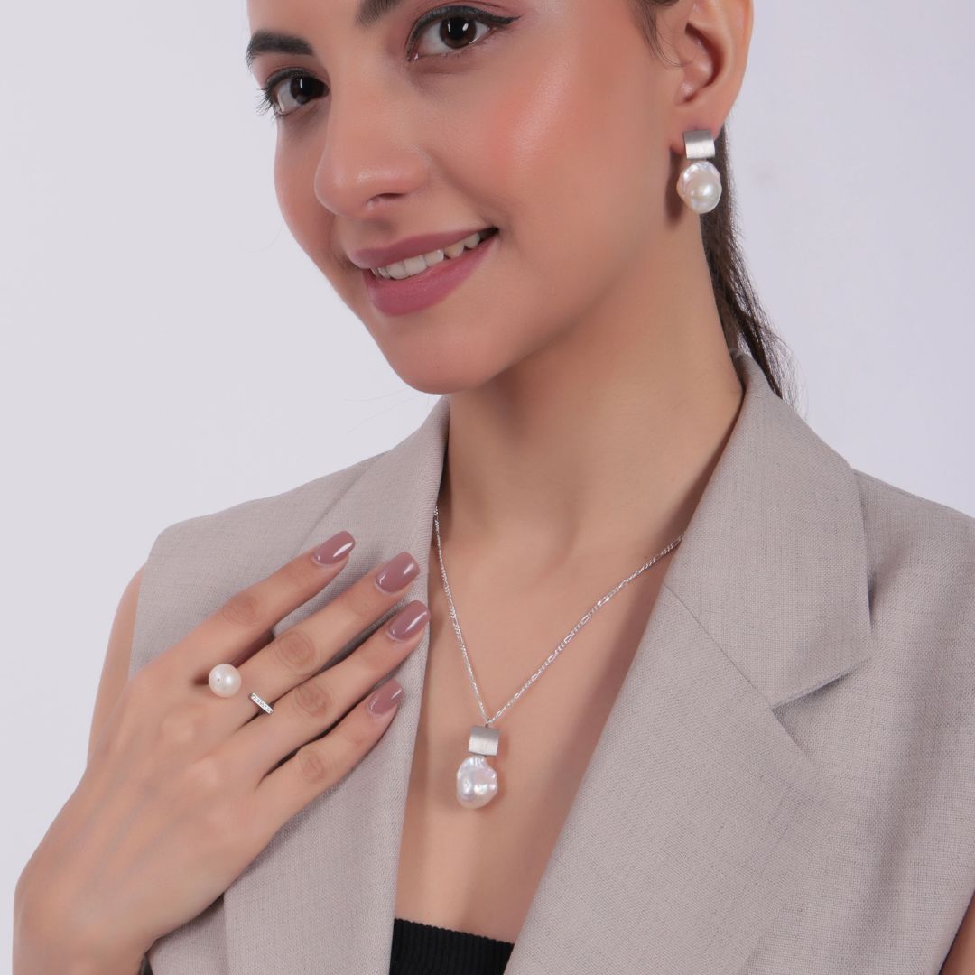 Premium Baroque Pearl Pendant Set IN 92.5 sterling silver - CherishBOX