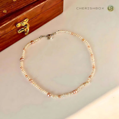 Premium Collar Tiny Pearl Necklace in white and peach freshwater pearls - CherishBox
