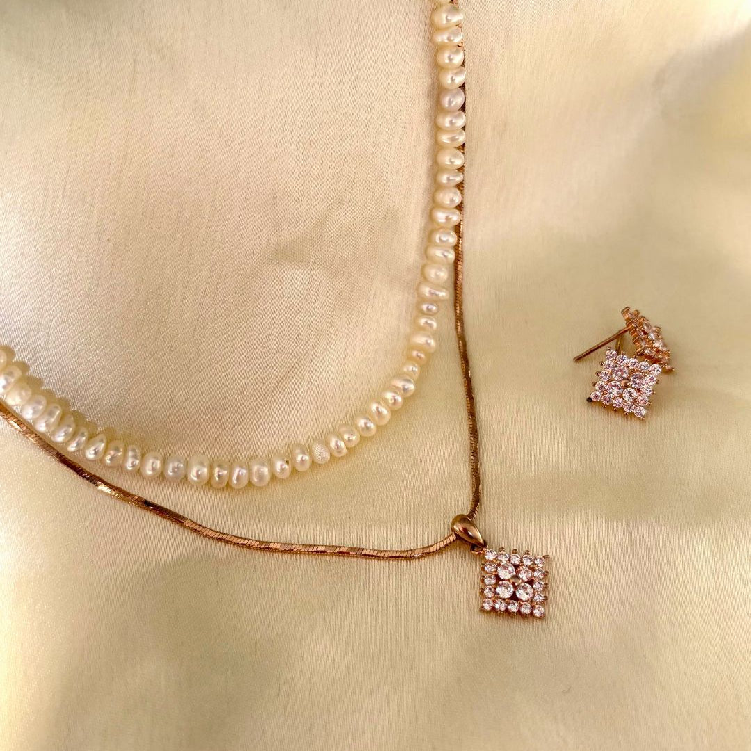 Rose Gold 92.5 Silver Pendant Set & White Pearl Chain - CherishBox