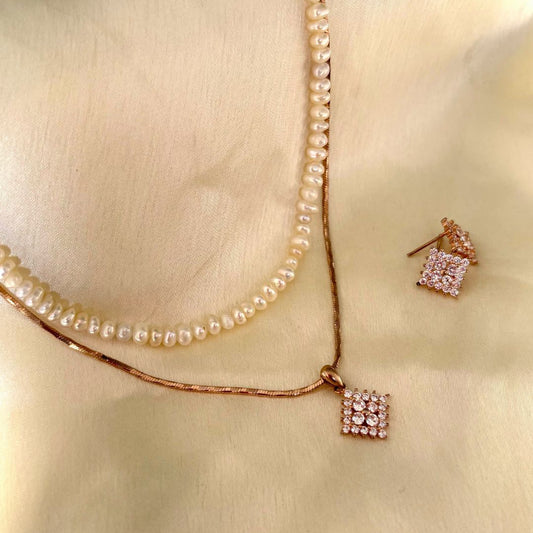 Rose Gold 92.5 Silver Pendant Set & White Pearl Chain - CherishBox