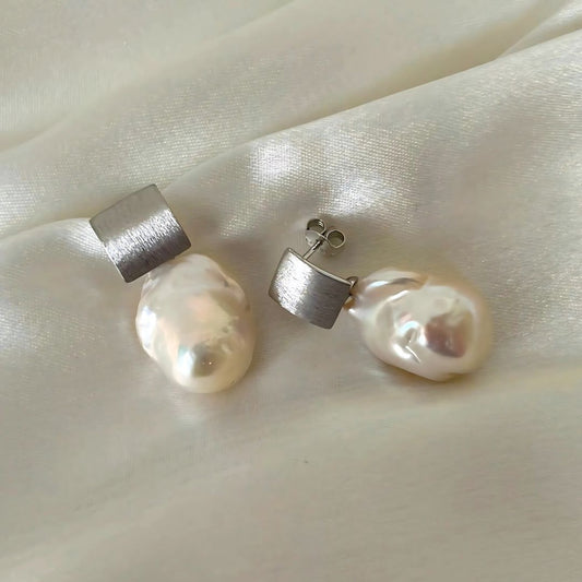 Square Brushed Bold Baroque Pearl Earring CherishBox