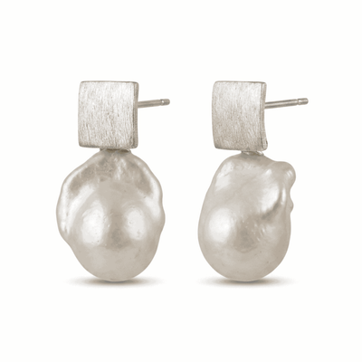 Square Brushed Bold White Baroque Pearl Earring - CherishBox