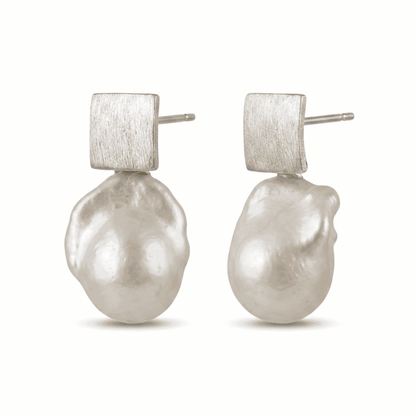 Square Brushed Bold White Baroque Pearl Earring - CherishBox