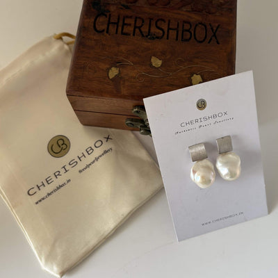 Square Brushed Bold White Baroque Pearl Earring in 92.5 Silver - CherishBox Real Pearl