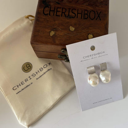 Square Brushed Bold White Baroque Pearl Earring in 92.5 Silver - CherishBox Real Pearl