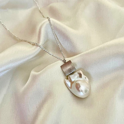 Square Brushed Premium Baroque Pearl Pendant in 925 Sterling Silver  - CherishBox