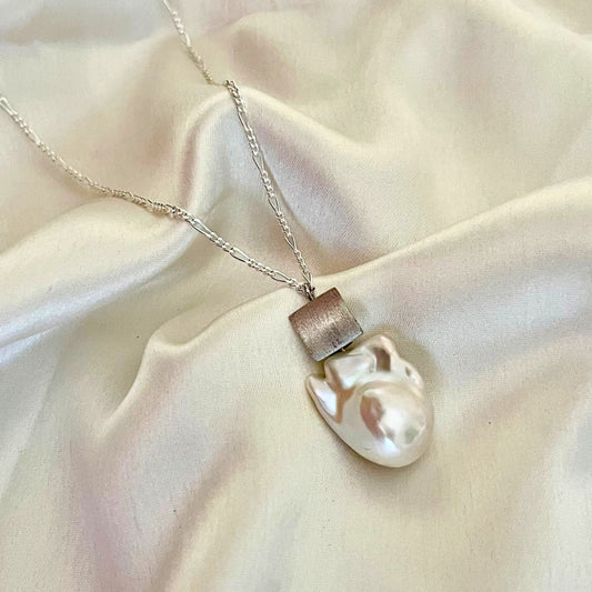 Square Brushed Premium Baroque Pearl Pendant in 925 Sterling Silver  - CherishBox