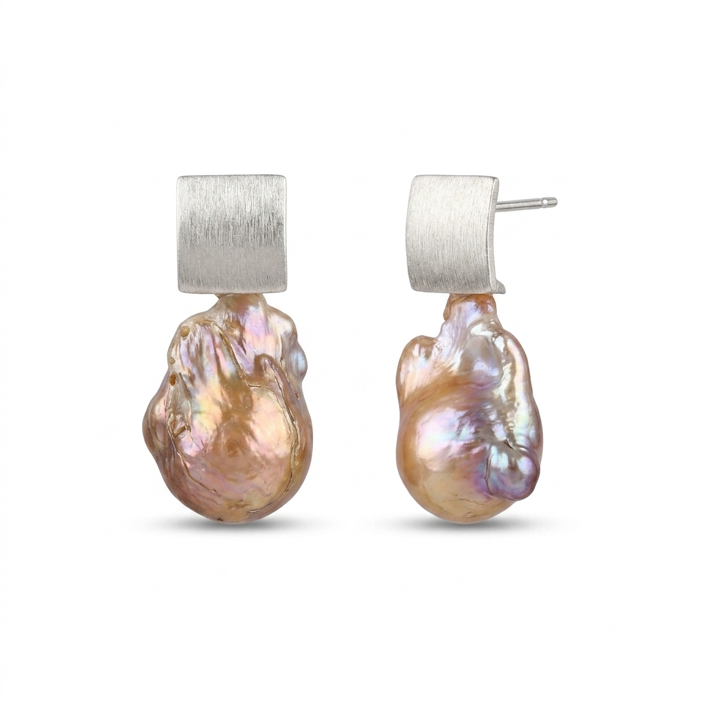 Square Brushed Silver Studs with Rose-Champagne Pearl Drops - CherishBox