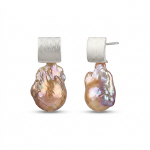 Square Brushed Silver Studs with Rose-Champagne Pearl Drops - CherishBox