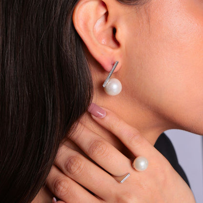 Star Dust Real Pearl Earrings | Sterling Silver Minimal Drop Earrings with ring CherishBox