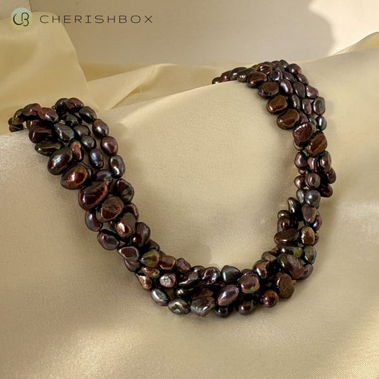 Three-Layer Twisted Brown Tumble Pearl Necklace - CherishBox