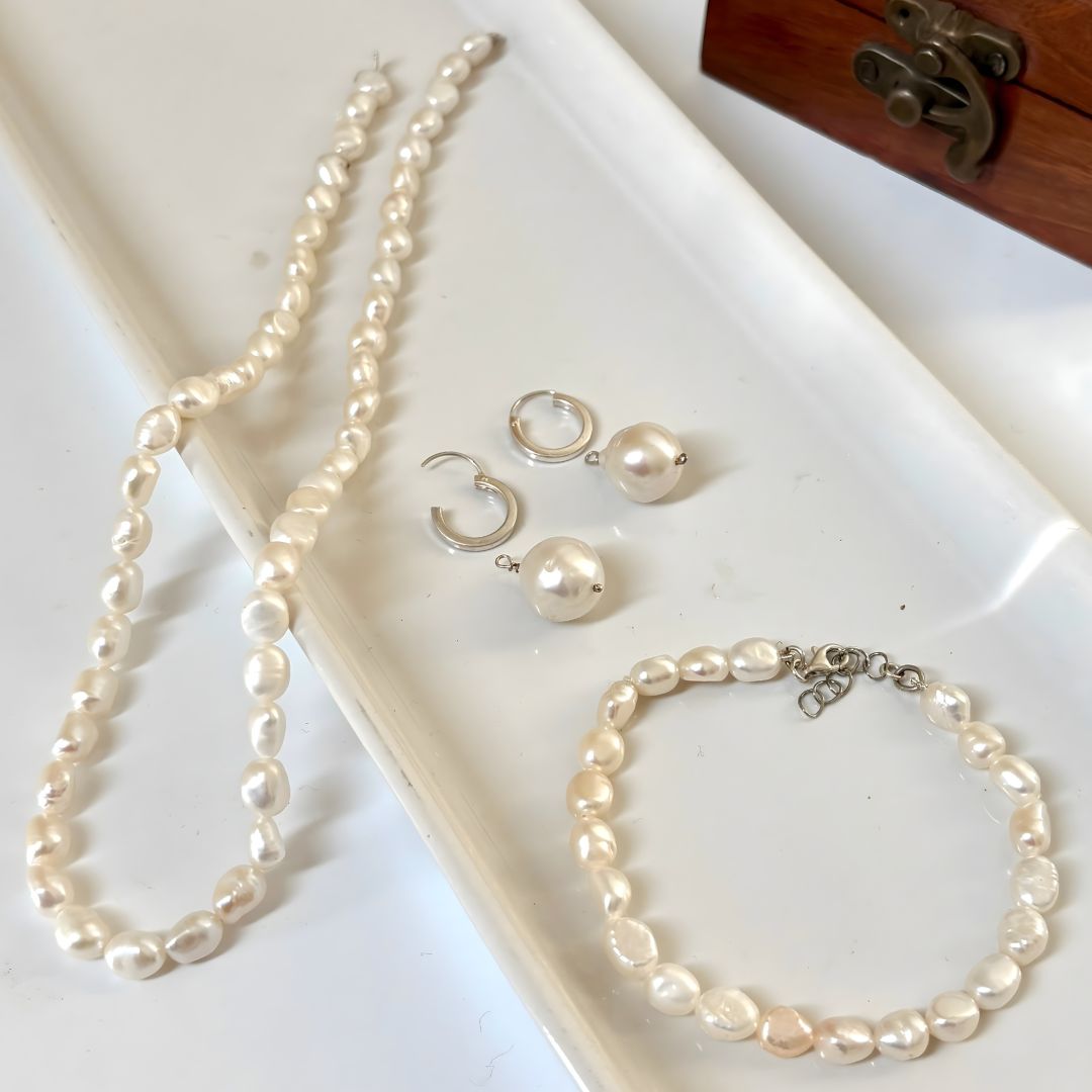 Tumble Pearl Combo Set – Necklace, Bracelet & Silver Hoop | CherishBox